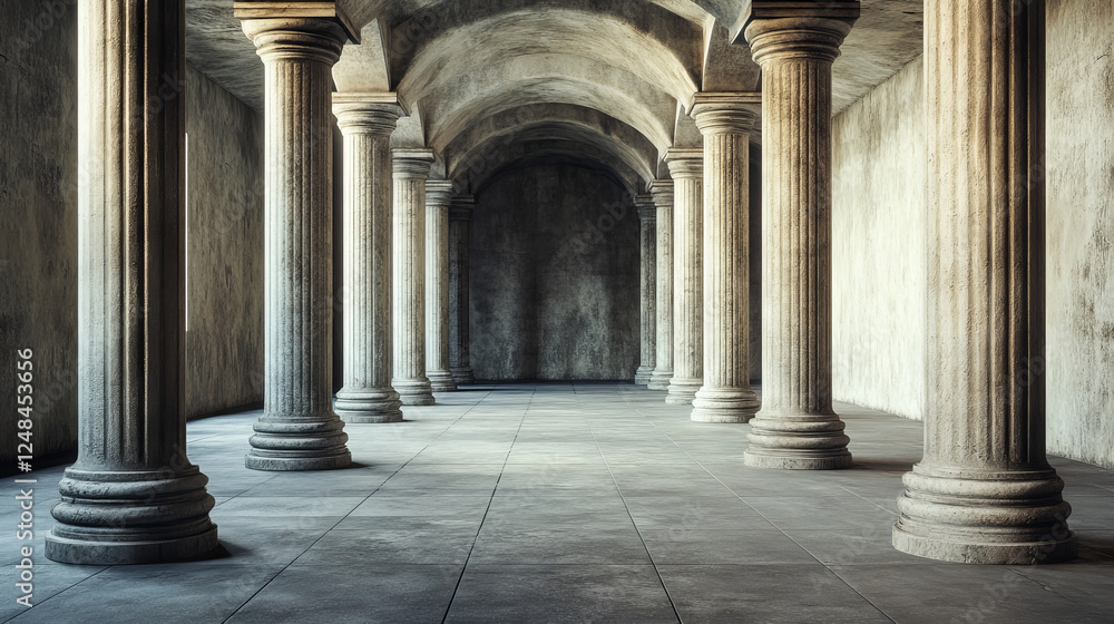 Fototapeta premium dark abstract basement building interior with columns and dark concrete surface 3d render illustration