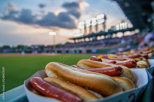 Delicious hot dogs ready to be enjoyed at a lively baseball stadium during a vibrant sunset game