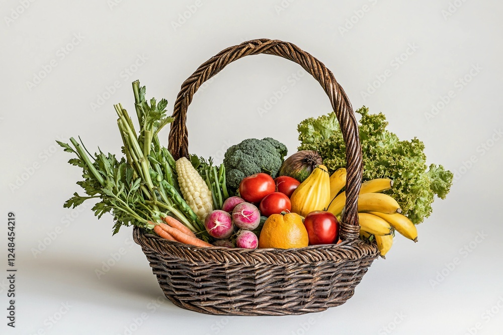 Fresh produce basket overflowing with colorful fruits and vegetables from a rural farm in a vibrant setting Fresh produce basket overflowing with colorful fruits and vegetables from a rural farm in a vibrant setting