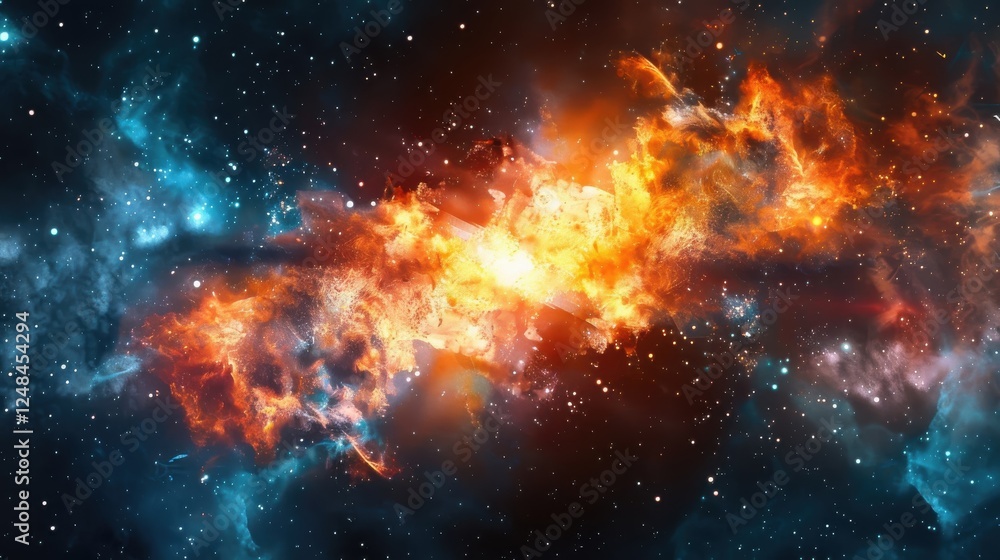 Obraz premium A burst of cosmic energy ignites, sending stars, comets, and nebulae across the universe, symbolizing the origin of life.