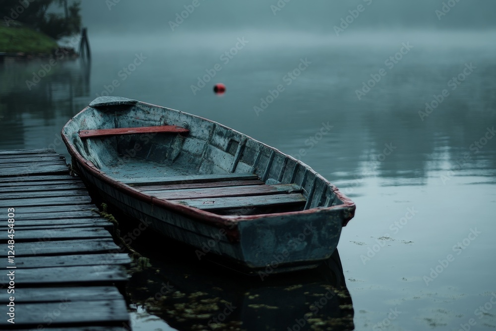 Misty lake, moored wooden boat, tranquil dock Misty lake, moored wooden boat, tranquil dock