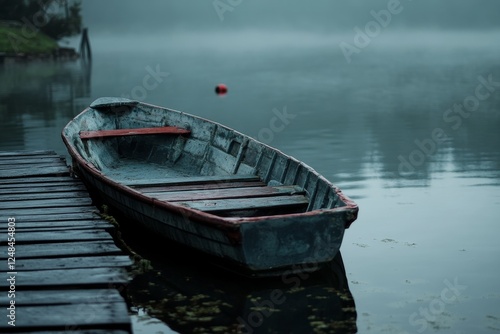 Misty lake, moored wooden boat, tranquil dock photo