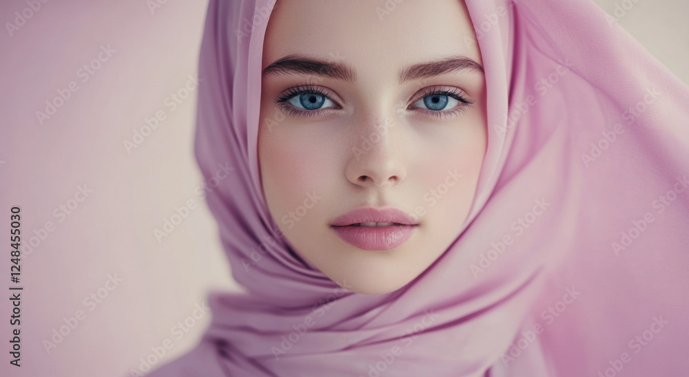 A beautiful young woman with striking blue eyes showcases grace and poise while dressed in a soft pink hijab with a serene expression A beautiful young woman with striking blue eyes showcases grace and poise while dressed in a soft pink hijab with a serene expression
