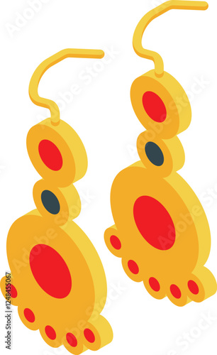 Pair of stylish golden earrings shaped like feet, featuring red and grey circular accents, adding a touch of unique elegance to any ensemble