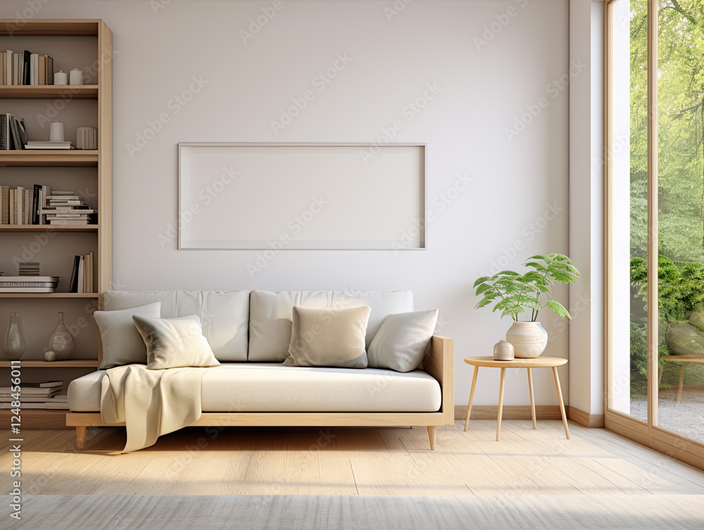 Fototapeta premium Bright and Airy Minimalist Living Room Interior with Natural Light and Wooden Furniture