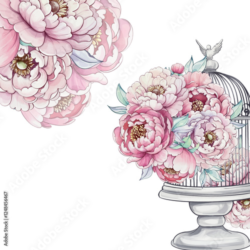 Peonies in soft pink hues fill a vintage birdcage, evoking a sense of whimsy and natures beauty with delicate watercolor strokes template, background