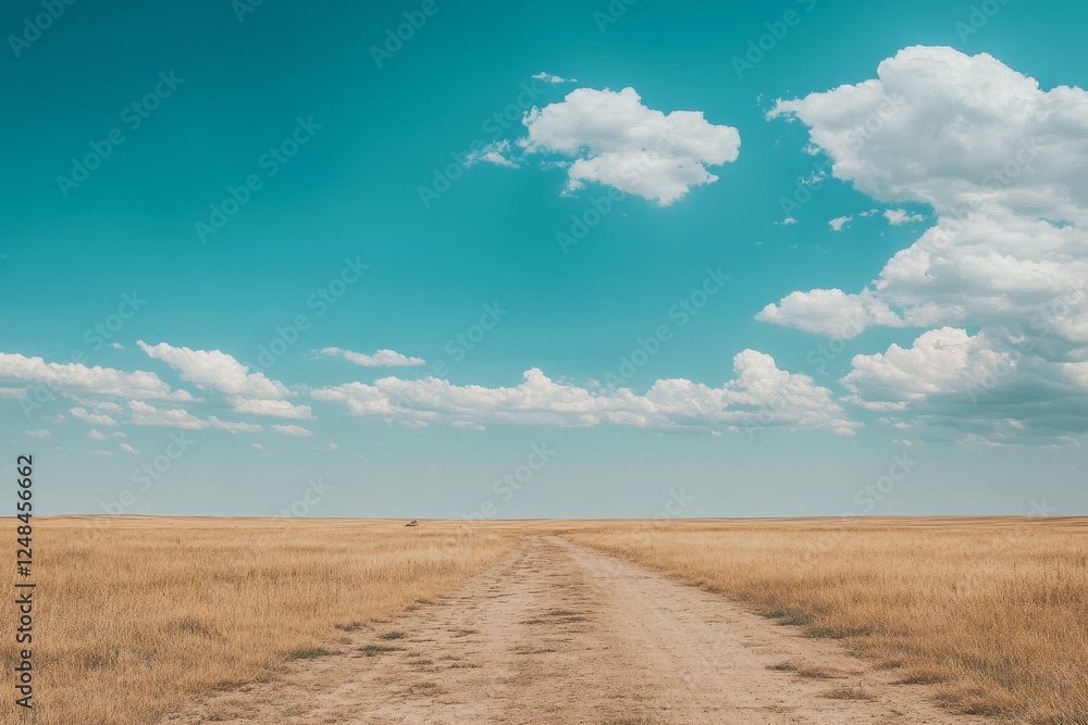 Empty dirt road through golden prairie under a vibrant blue sky Empty dirt road through golden prairie under a vibrant blue sky