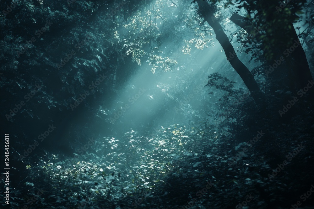 Mystical forest path, sunbeams piercing fog, tranquil scene Mystical forest path, sunbeams piercing fog, tranquil scene