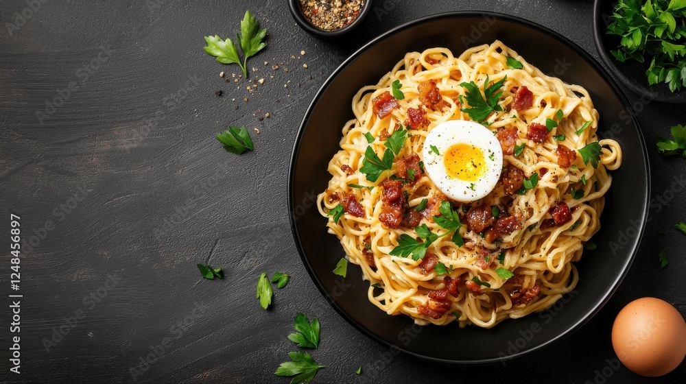 Delectable fusion of ramen noodles and creamy carbonara style sauce topped with a perfectly cooked egg for a visually appealing and indulgent culinary experience Delectable fusion of ramen noodles and creamy carbonara style sauce topped with a perfectly cooked egg for a visually appealing and indulgent culinary experience