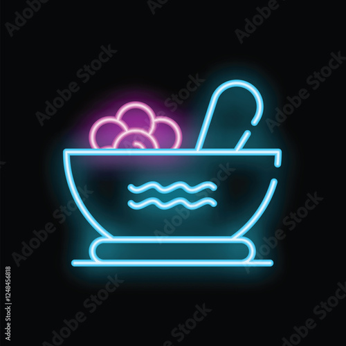 Glowing neon icon of spa treatment with flowers and pestle representing wellness and relaxation