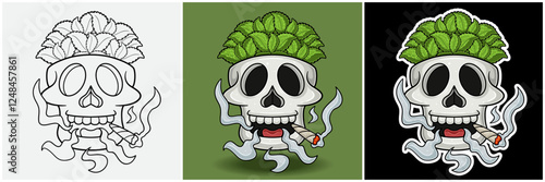 Mint Leaves Inside Skull Head With Smoking Character Cartoon. Black White, Colorful and Sticker Style.