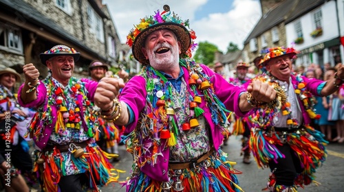 A lively group of Morris dancers in traditional attire with ankle bells performing in an English town square photo