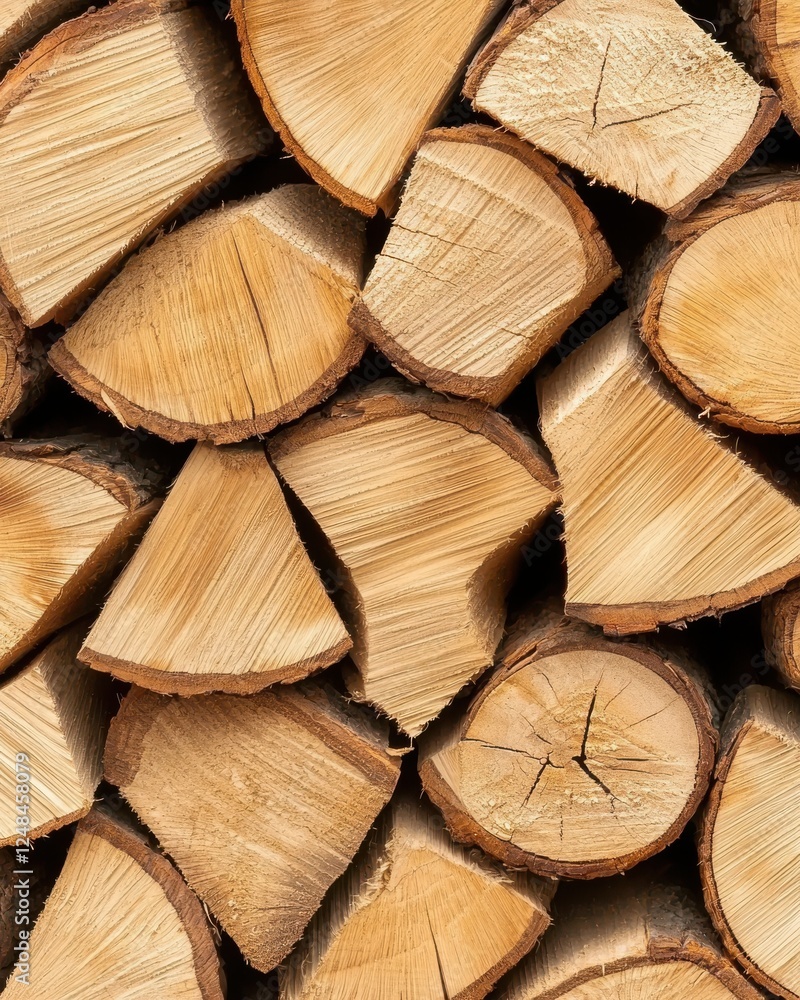 Fototapeta premium A close-up view of neatly stacked, cut logs displaying their natural wood grain and textures.