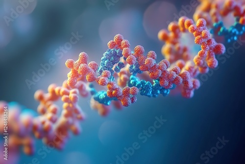 Intricate molecular structure featuring colorful spheres connected in a chain pattern on background, showcasing the complexity and beauty of cellular peptides in macro photography