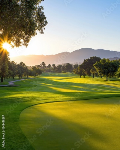 A serene golf course at sunrise, featuring lush greens, gentle slopes, and distant mountains, creating a picturesque landscape.
