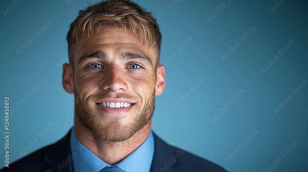 Confident and Cheerful Corporate Professional Wearing Formal Suit Smiling Happily Against Solid Blue Background Confident and Cheerful Corporate Professional Wearing Formal Suit Smiling Happily Against Solid Blue Background