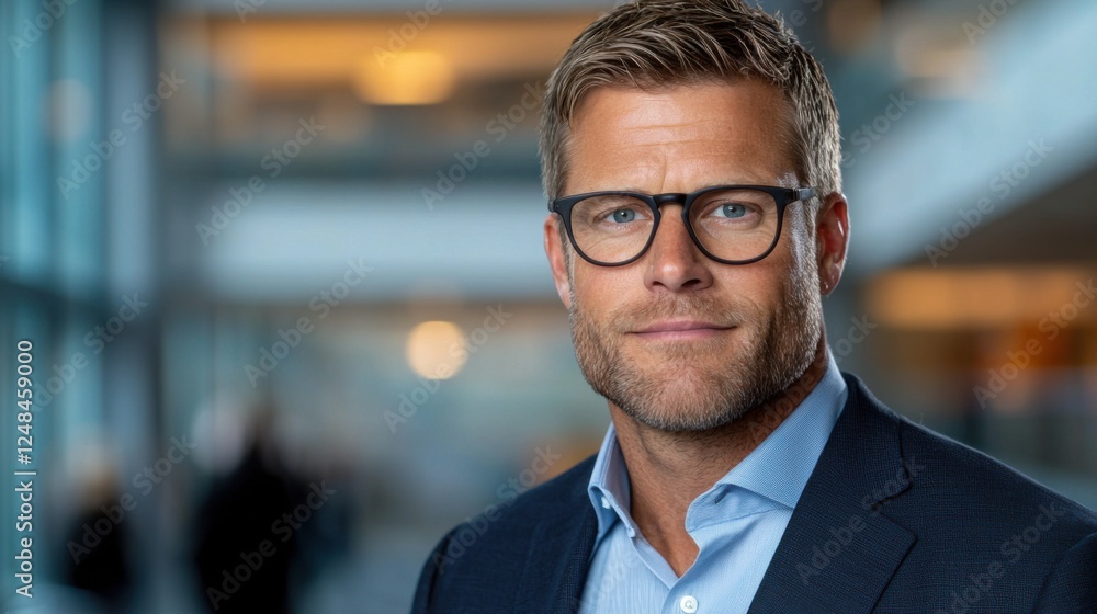 Confident and Poised Corporate Executive Standing Upright in an Office Environment Wearing a Suit and Tie with Glasses Exuding a Sense of Leadership and Authority Confident and Poised Corporate Executive Standing Upright in an Office Environment Wearing a Suit and Tie with Glasses Exuding a Sense of Leadership and Authority