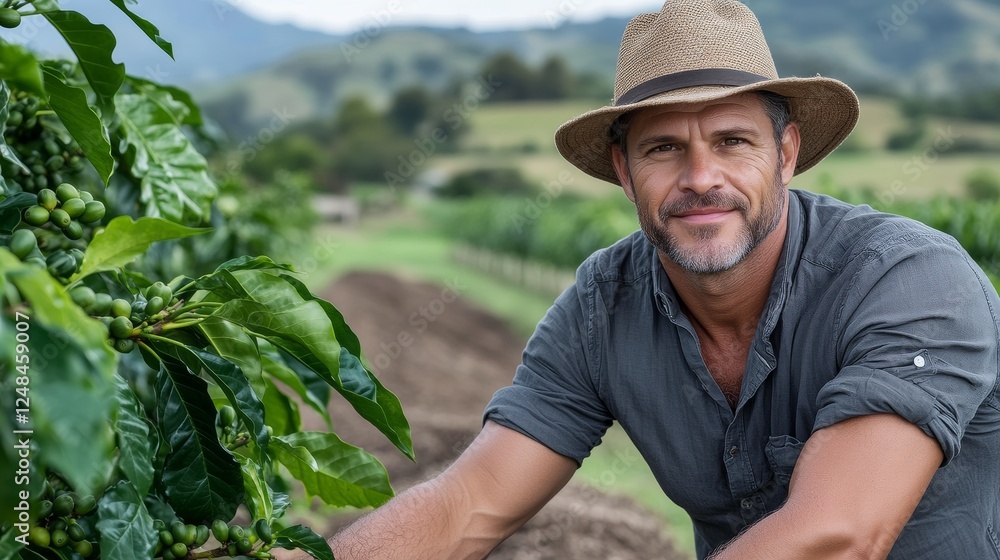 Discovering the Art of Sustainable Organic Farming: A Man in a Hat Collecting Fresh Coffee Beans for Fair Trade Harvesting Discovering the Art of Sustainable Organic Farming: A Man in a Hat Collecting Fresh Coffee Beans for Fair Trade Harvesting