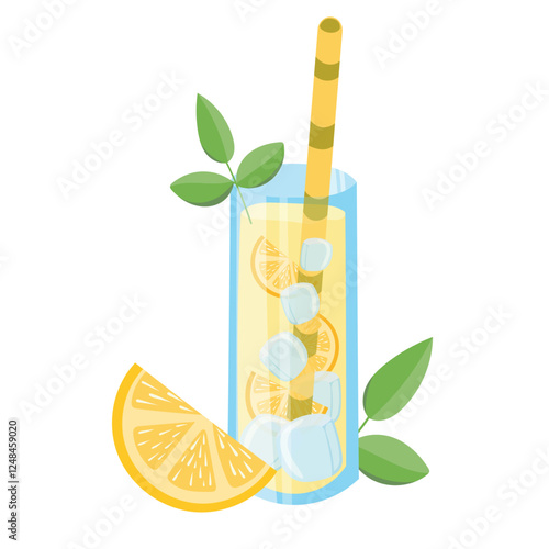 Vector illustration of a summer non-alcoholic drink in a tall glass with a straw. Lemonade with ice, lemon slices, and mint leaves.