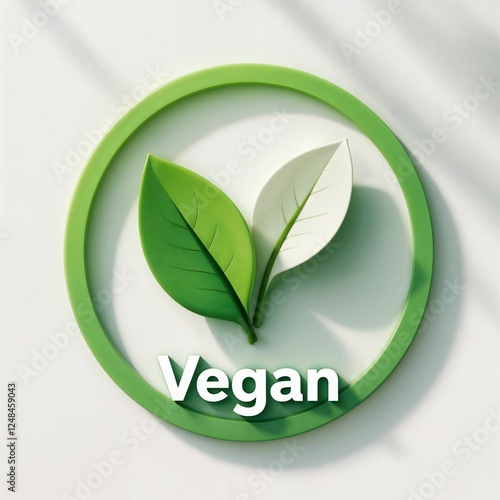 3D Vegan Logo Design with Green Leaves and Circular Frame

