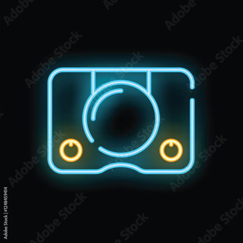 Blue and yellow neon icon of a vintage photo camera glowing on black background