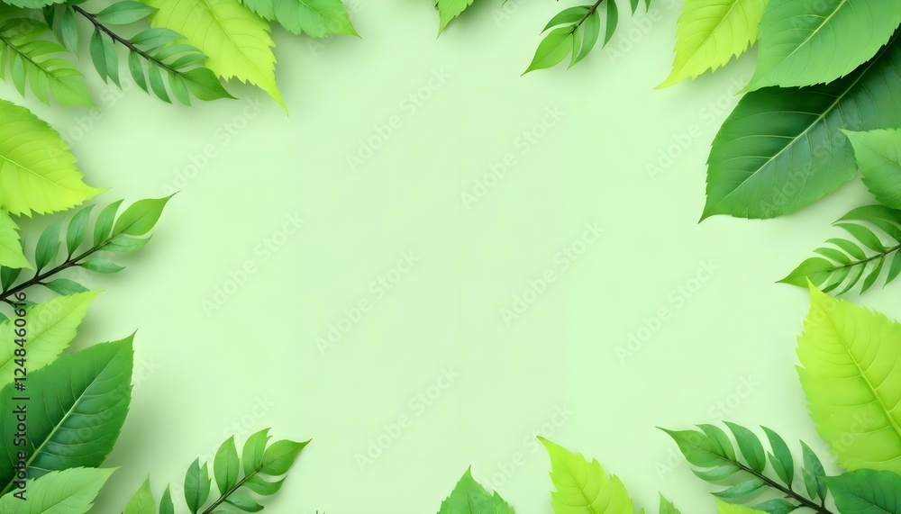 Naklejka premium Hojas verdes dispuestas alrededor de los bordes de un fondo verde claro, creando un efecto de marco con un centro en blanco