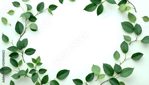 Hojas verdes dispuestas alrededor de los bordes de un fondo verde claro, creando un efecto de marco con un centro en blanco