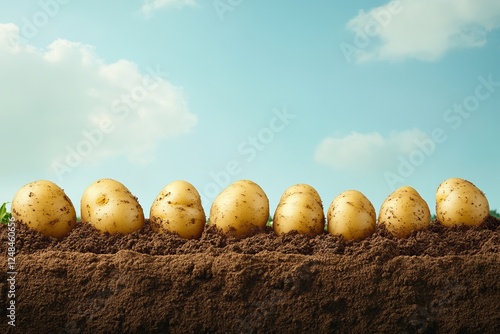 Row of planted potatoes surrounded by mounds of earth under clear blue sky. Generative AI