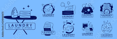 Laundry logo. Clothes cleaning. Housekeeping service icon sketch. Washing machine. Business sign. Washer label design. Laundromat and iron. Detergent foam. Retro ribbons. Vector garish symbols set