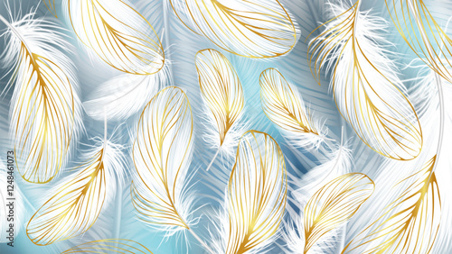 Realistic white feathers. Soft and fluffy birds and angel wings elements. Natural pillow filler. Differently curved plumage shapes. Avian fuzz. Isolated goose or swan quills. Vector feathering set