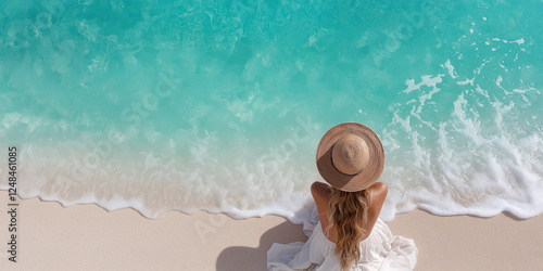 Fototapeta Naklejka Na Ścianę i Meble -  A woman is sitting on the beach wearing a straw hat and a white dress