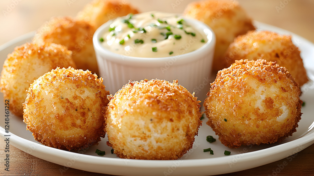 Crispy, golden-brown cheese balls served with a creamy dipping sauce, garnished with chives, perfect for appetizers or snacks Crispy, golden-brown cheese balls served with a creamy dipping sauce, garnished with chives, perfect for appetizers or snacks