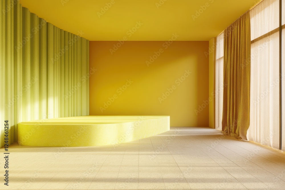Sunlit yellow room with lime green wall and curved platform. Sunlit yellow room with lime green wall and curved platform.