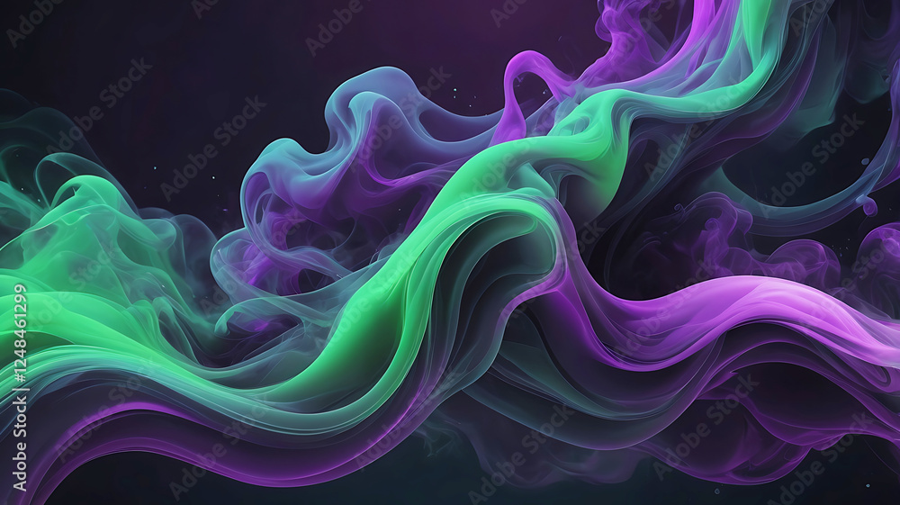 Abstract Colorful Smoke Swirls in Green and Purple on Dark Background. Abstract Colorful Smoke Swirls in Green and Purple on Dark Background.