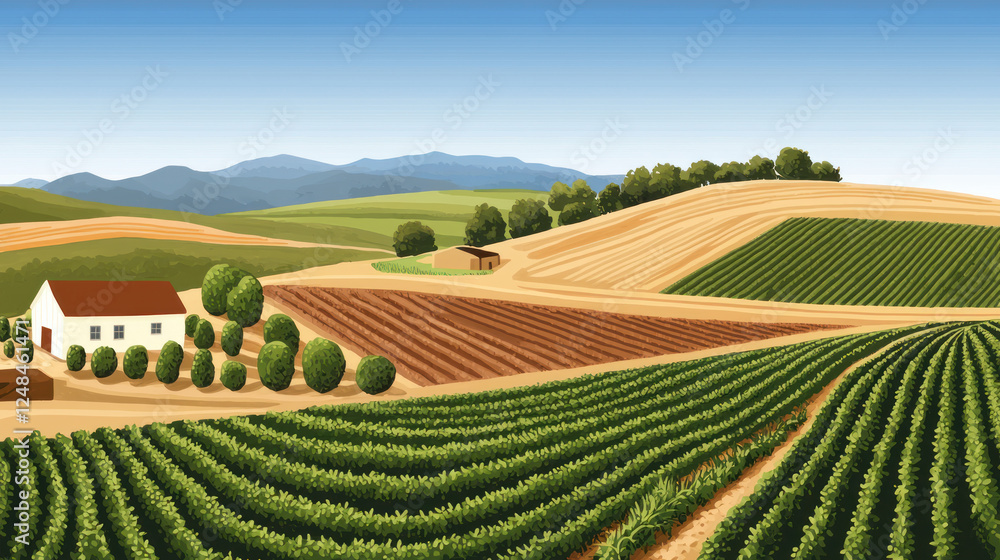 vibrant agricultural landscape featuring lush fields, rolling hills, and farmhouse. scene captures essence of rural farming vibrant agricultural landscape featuring lush fields, rolling hills, and farmhouse. scene captures essence of rural farming