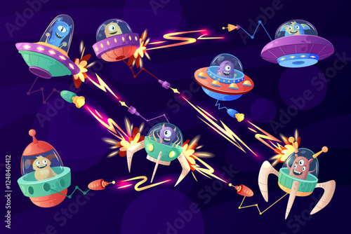 Alien spacecraft. Space battle. Cartoon game attack. Universe shuttle. Enemy spaceship. Fight between spaceships. Battle rocket ship and UFO. Cute character with blaster. Vector garish Sci-Fi concept