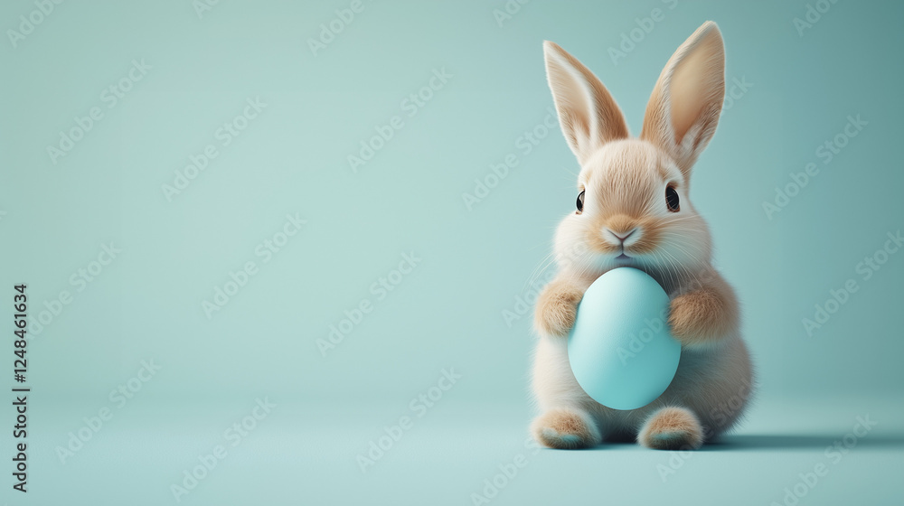 Obraz premium A small bunny holds an Easter egg on a flat background, ready for personalization.