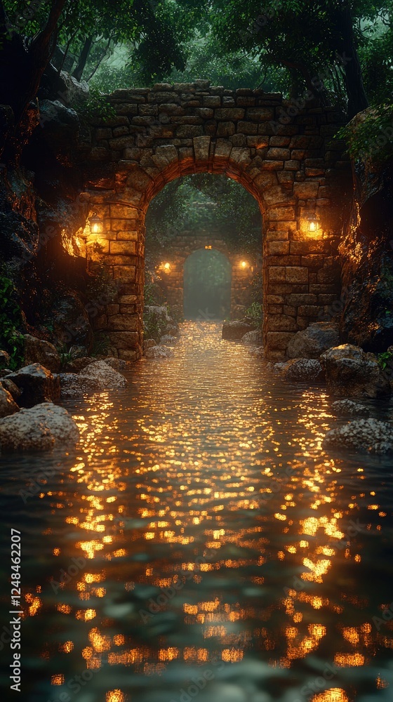 Obraz premium Stone Arch Bridge, Lantern Lit Path, Water Reflections, Night Scene