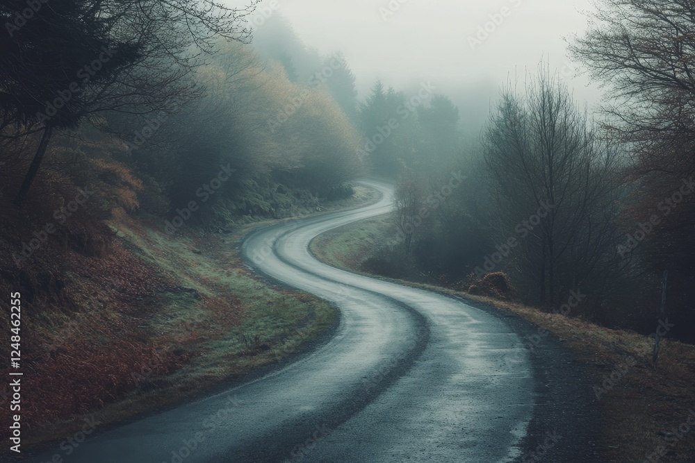 Winding road through foggy mountain forest Winding road through foggy mountain forest