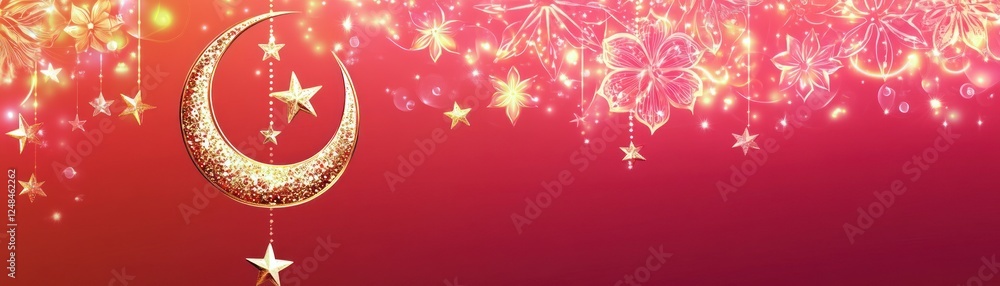 Golden Crescent Moon Stars Festive Floral Design Golden Crescent Moon Stars Festive Floral Design