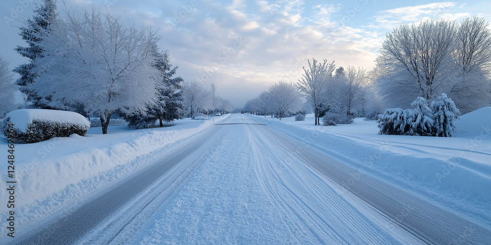 Obraz premium A snowy road with trees in the background