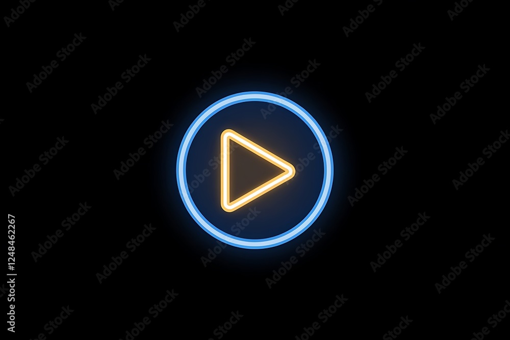 Glowing Neon Play Button Icon with Blue Light on Black Background Glowing Neon Play Button Icon with Blue Light on Black Background