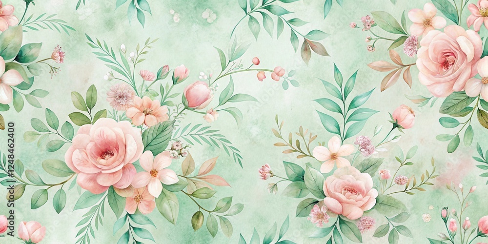Fototapeta Pastel Pink Roses and Delicate Greenery on a Soft Mint Background, a Seamless Floral Pattern Ideal for Textile Design and Decorative Purposes