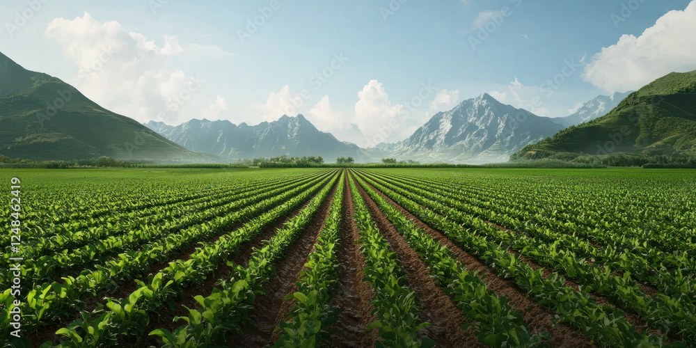 Lush green fields with rows of crops against mountainous backdrop Lush green fields with rows of crops against mountainous backdrop