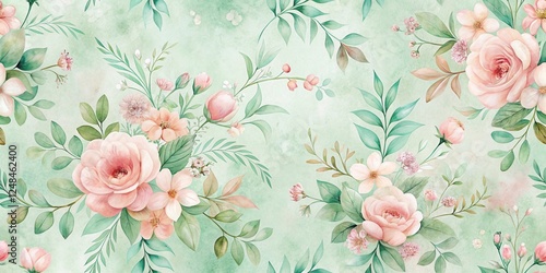 Pastel Pink Roses and Delicate Greenery on a Soft Mint Background, a Seamless Floral Pattern Ideal for Textile Design and Decorative Purposes