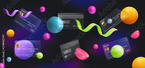 Card credit. Glass transparent mockup. Debit currency. Glassmorphism style. 3D geometric shapes. Plastic spheres and spiral ribbons. Bank design of frame. Modern shopping chip. Vector financial set