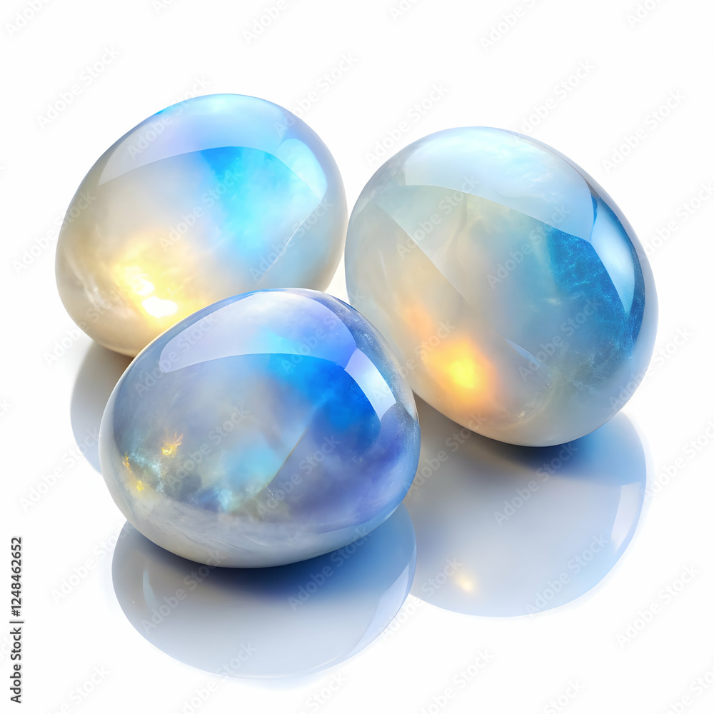Obraz premium Moonstone Trio: Three smooth, polished moonstone stones with iridescent blue and white hues sit on a reflective surface, reflecting the soft glow of light, creating a magical and mystical atmosphere.