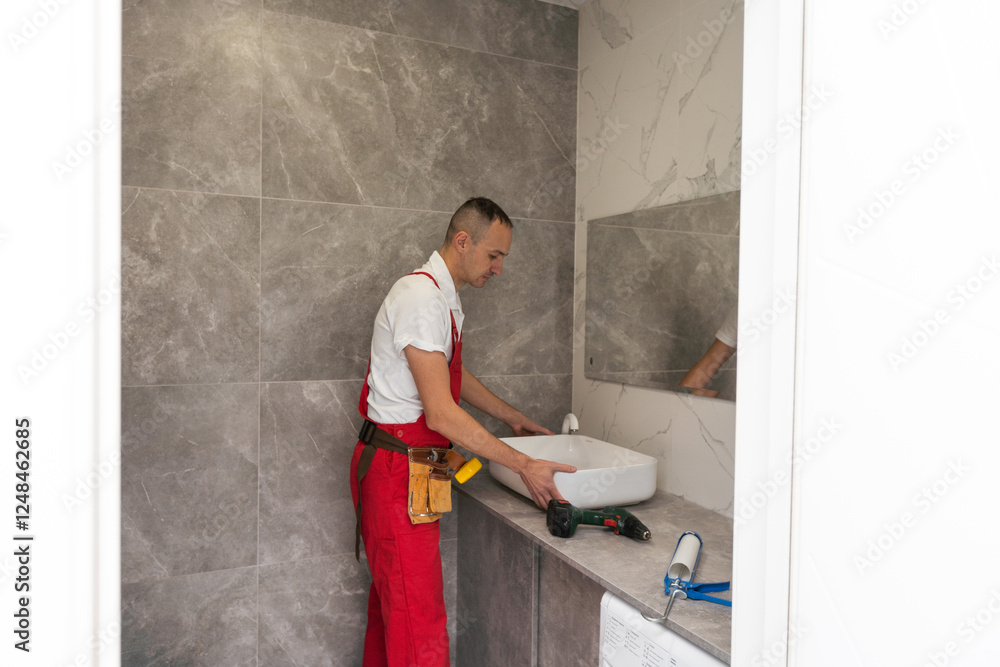 plumber service. Plumber portrait near wash basin siphon installation. plumber service. Plumber portrait near wash basin siphon installation.