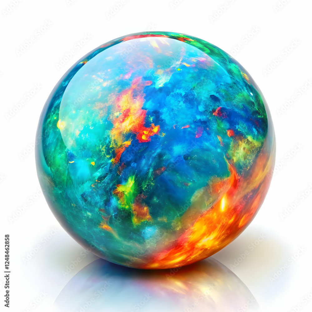 Opal Sphere: An iridescent gemstone sphere, showcasing a kaleidoscope of vibrant colors from deep blues and greens to fiery oranges and reds, with a subtle reflection illuminating its beauty. Opal Sphere: An iridescent gemstone sphere, showcasing a kaleidoscope of vibrant colors from deep blues and greens to fiery oranges and reds, with a subtle reflection illuminating its beauty.