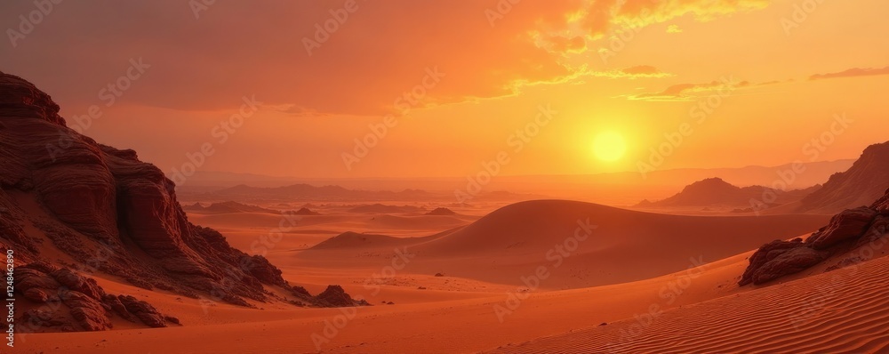 An eternal desert landscape with an orange glow on the horizon as sand dunes shift in the wind, rocky terrain, natural wonders An eternal desert landscape with an orange glow on the horizon as sand dunes shift in the wind, rocky terrain, natural wonders